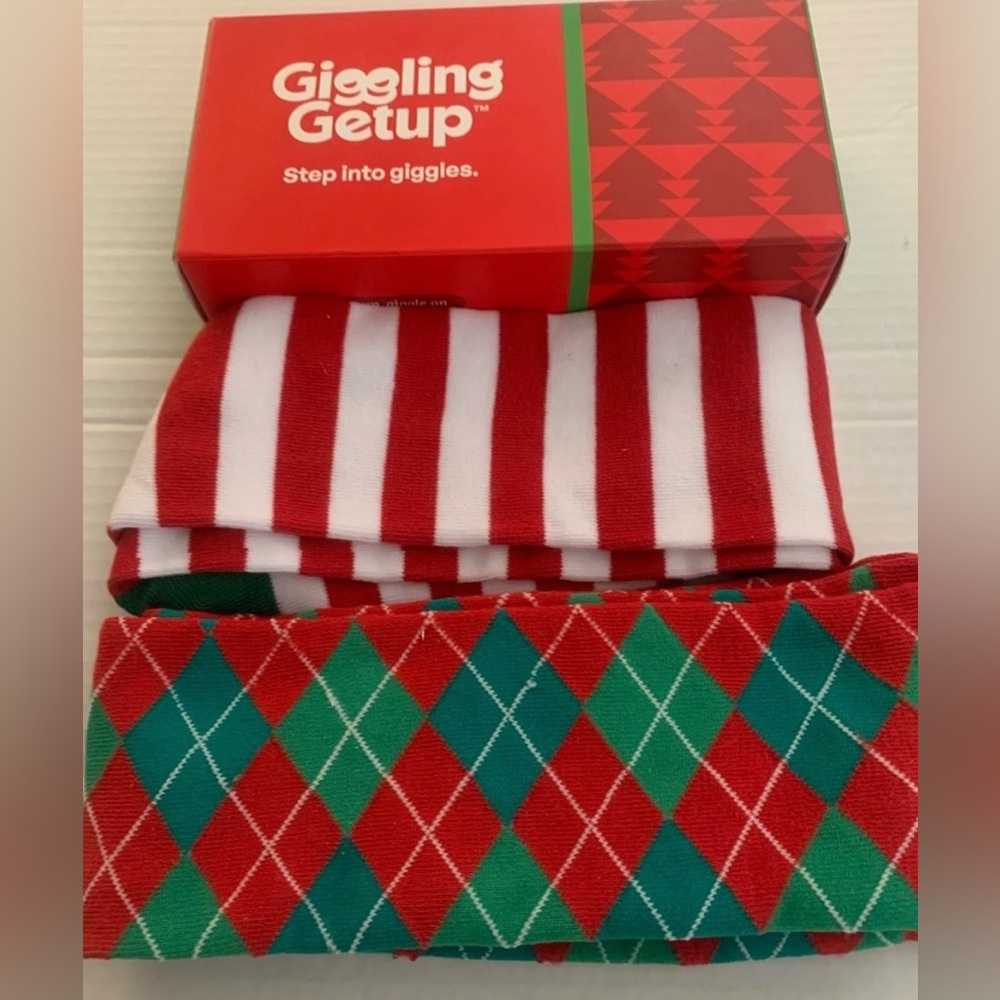 Giggling Getup Red and Green Argyle Socks & Red & White stripes NIB